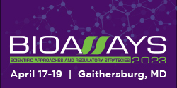 Image of purple background with text 'Bioassays Scientific Approaches and Regulatory Strategies 2023 April 17-19 Gaithersburg, MD'