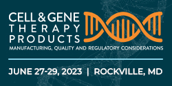 Image of DNA helix with text 'Cell & Gene Therapy Products Manufacturing, Quality and Regulatory Considerations June 27-29, 2023 Rockville, MD'
