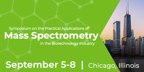 Image of bright green background and a landscape photo of skyscrapers in Chicago, Illinois with text 'Symposium on the Practical Applications of Mass Spectrometry in the Biotechnology Industry September 5-8 Chicago, Illinois'