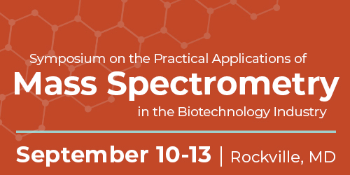 Red orange background with hexagon molecules and text 'Symposium on the Practical Applications of Mass Spectrometry in the Biotechnology Industry September 10-13 Rockville, MD'