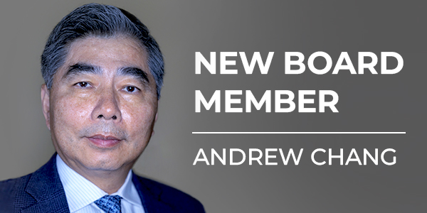 Headshot image of one male and text 'new board member andrew chang'