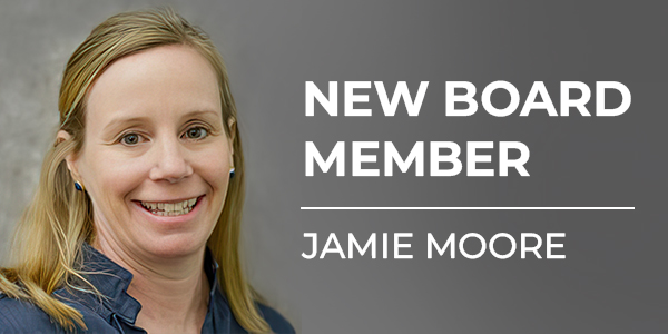 Headshot image of one female and text 'new board member jamie moore'