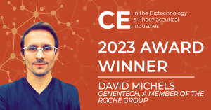 Male wearing white glasses with text 'CE Pharm 2023 Award Winner David Michels Genentech, a Member of the Roche Group'