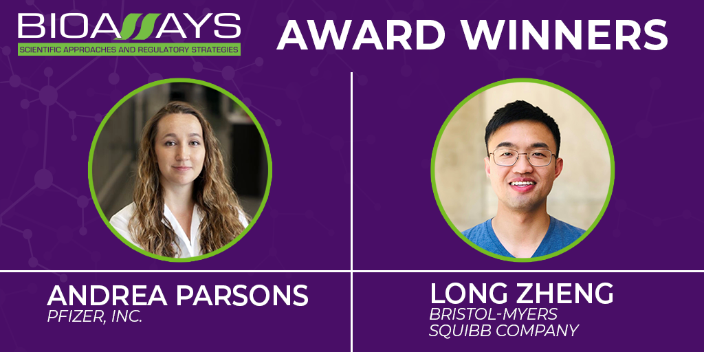 Purple graphic and headshots of one female Andrea Parsons and one male Long Zheng with text 'Bioassays Award Winners'