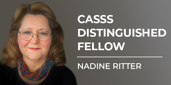 Headshot image of one female and text 'casss distinguished fellow nadine ritter'