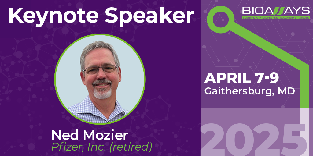 Purple graphic and professional headshot of male with text 'Bioassays Keynote Speaker Ned Mozier April 7-9, 2025'