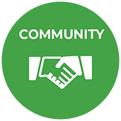 Green circle with hands shaking and text 'Community'