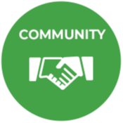 Circle with icon of hands shaking and text 'Community'