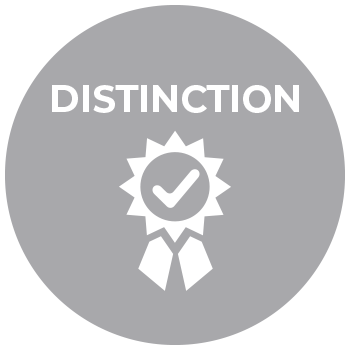 Circle with a prize ribbon with a check mark and text 'Distinction'