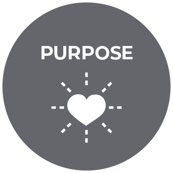 Circle with heart and lines radiating from the heart with text 'Purpose'
