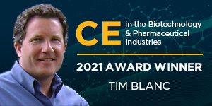 Image of man and text 'CE in the Biotechnology & Pharmaceutical Industries 2021 Award Winner Tim Blanc'