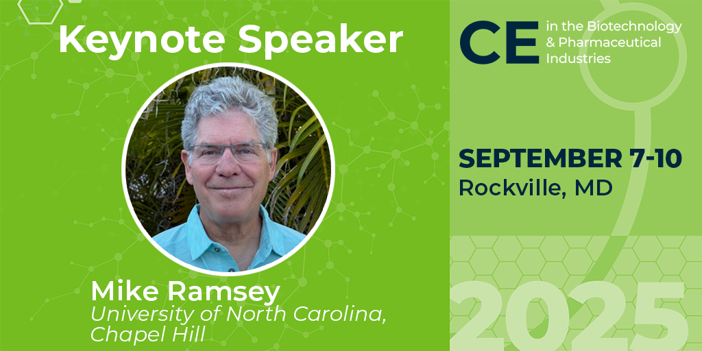 Green graphic and professional headshot of male with text 'CE Pharm Keynote Speaker Mike Ramsey University of North Carolina, Chapel Hill September 7-10, 2025 Rockville, MD'