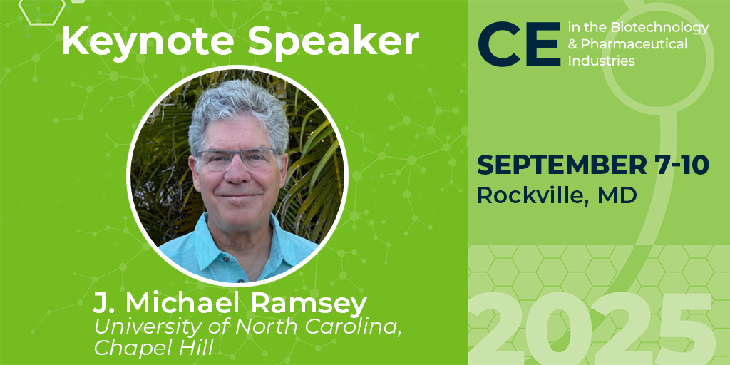 Green graphic and professional headshot of male with text 'CE Pharm Keynote Speaker Mike Ramsey University of North Carolina, Chapel Hill September 7-10, 2025 Rockville, MD'
