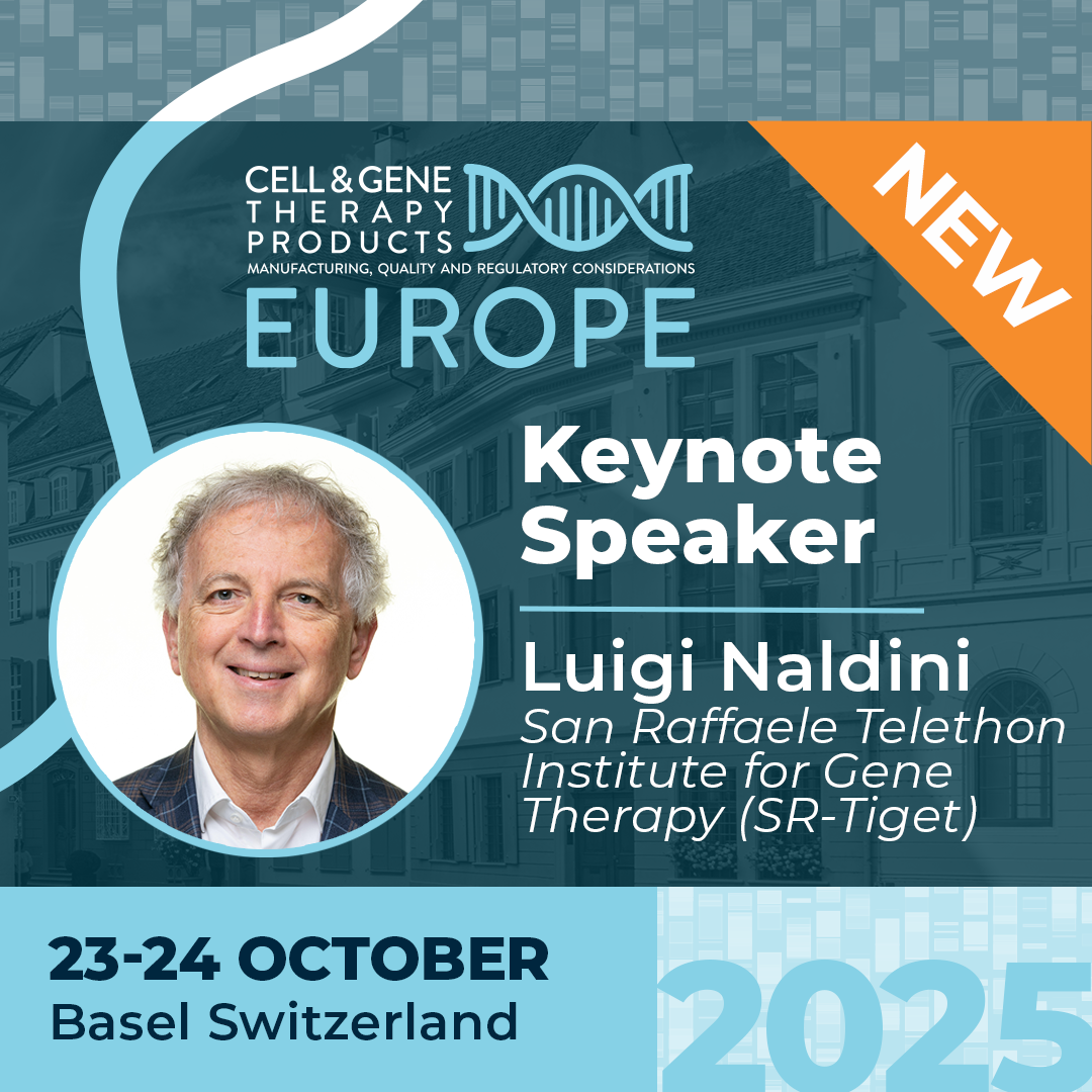 Professional headshot of male and text 'CGTP Europe Keynote Speake Luigi Naldini, San Raffaele Telethon Institute for Gene Therapy (SR-Tiget) 23-24 October 2025 Basel, Switzerland'