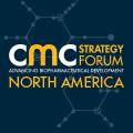 Image with hexagons and text 'CMC Strategy Forum North America Advancing Biopharmaceutical Development'
