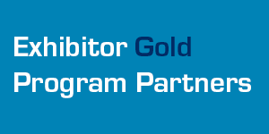 Blue background with text 'Exhibitor Gold Program Partners'