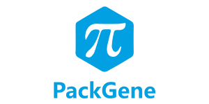 Company logo with greek letter pi symbol in blue hexagon with text 'PackGene'