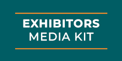 Image of turquoise background with text 'Exhibitors Media Kit'