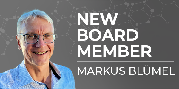 Gray background and professional headshot of male with text 'New Board Member Markus Blumel'