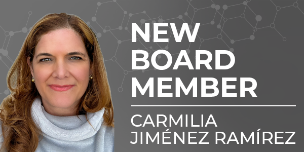 Gray background and professional headshot of female with text 'New Board Member Carmilia Jimenez Ramirez'