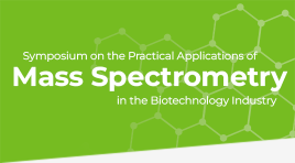 Image of bright green background with hexagons and text 'Symposium on the Practical Applications of Mass Spectrometry in the Biotechnology Industry'