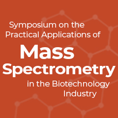 Red orange background with hexagon molecules and text 'Symposium on the Practical Applications of Mass Spectrometry in the Biotechnology Industry'