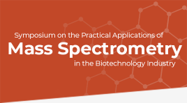 Red orange background with hexagon molecules and text 'Symposium on the Practical Applications of Mass Spectrometry in the Biotechnology Industry'