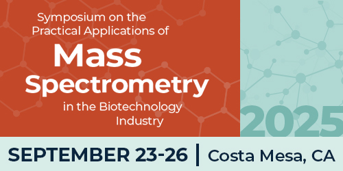Red orange graphic with text 'Mass Spectrometry Symposium September 23-26, 2025 Costa Mesa, CA'