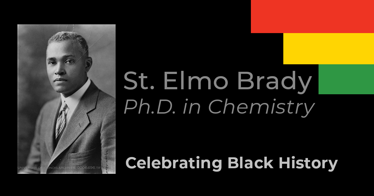 Image with black and white photo and text 'St. Elmo Brady Ph.D. in Chemistry Celebrating Black History'