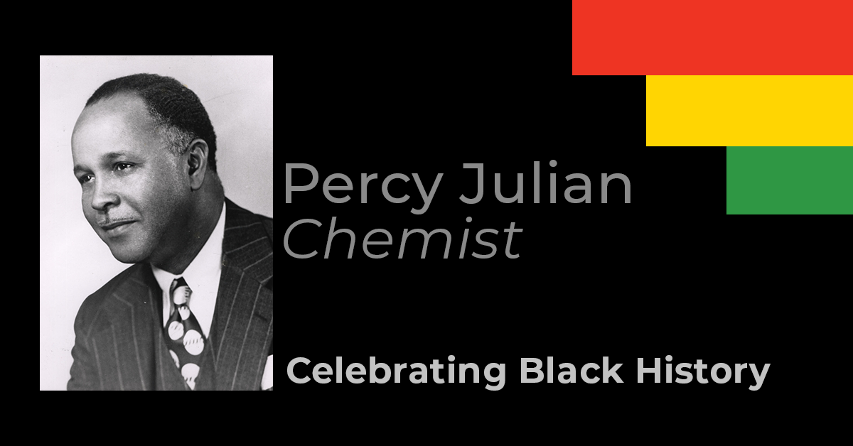 Image of black and white photo of male in suit with colors red, yellow and green in rectangles and text 'Percy Julian Chemist Celebrating Black History'