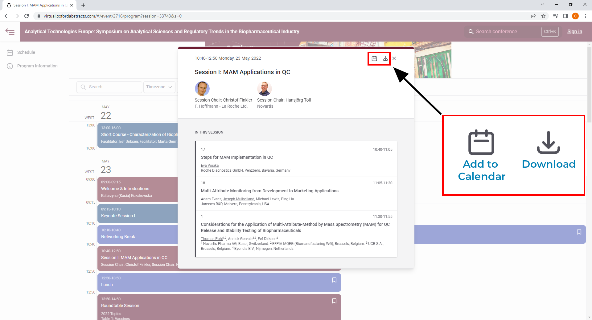 Image of scientific program online with add to calendar and download feature icons