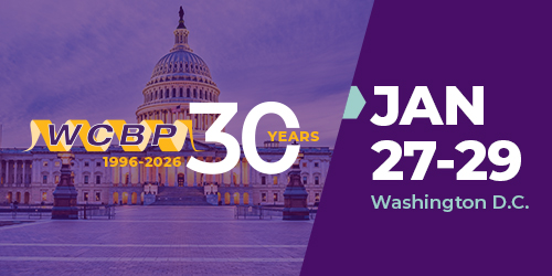 Purple graphic of Capitol Building with text 'WCBP 30 Years 1996-2026 January 27-29 Washington D.C.'