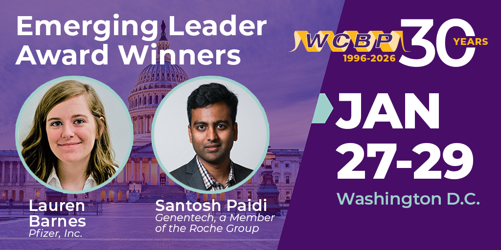 WCBP Emerging Leader Award Winners Lauren Barnes, Pfizer, Inc., Santosh Paidi, Genentech, a Member of the Roche Group
